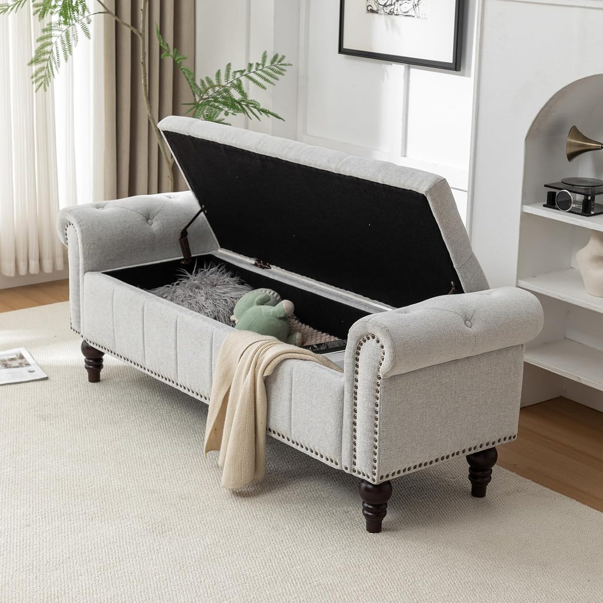 58’’ Storage Bench for Bedroom, Upholstered Button-Tufted Ottoman with Solid Wood Legs, Queen Size End of Bed Shoe Cabinet, Window Seat Foot Rest Stool for Entryway, Living Room (Silver)