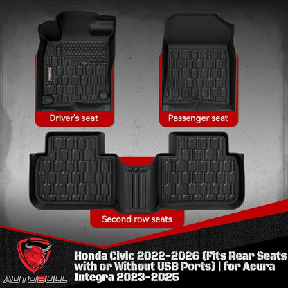 Floor Mats Compatible with Honda Civic 2022-2025 2026 (Fits Rear Seats with or Without USB Ports) | for Acura Integra 2023-2025, All Weather TPE Floor Liners, Custom Fit Car mats, 1st & 2nd Row, Black