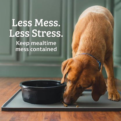 Leash Boss Waterproof Spill Guard Dog & Cat Silicone Dog Food Mat - Non-Slip Raised Edge Dog Bowl Mat - Waterproof Spill Guard Cat Food Tray - 25 x 17 in, Black