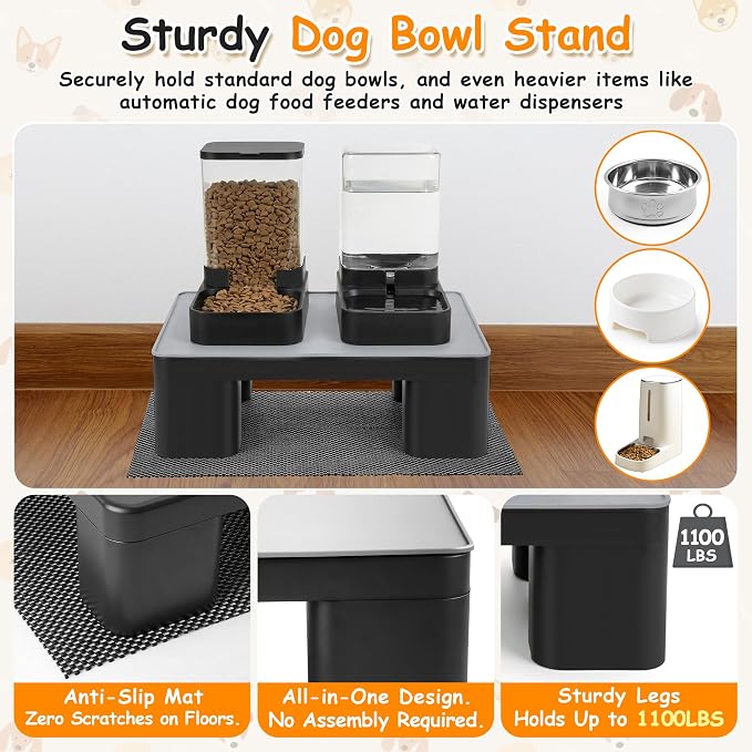 Elevated Dog Bowl Stand with Waterproof Dog Food Mat, Non-Slip, 1 Pc, Black | Reduce Neck & Joint Strain, Easy to Clean Silicone Pet Feeding Mat, Sturdy Legs, Ideal for Small & Medium Dogs and Cats