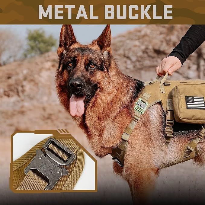 Forestpaw Tactical Dog Harness Tactical Dog Collar with Bungee Leash Set,No Pull Military Dog Harness for Walking Training,Adjustable for Medium Dogs,Khaki,Chest 17-25"