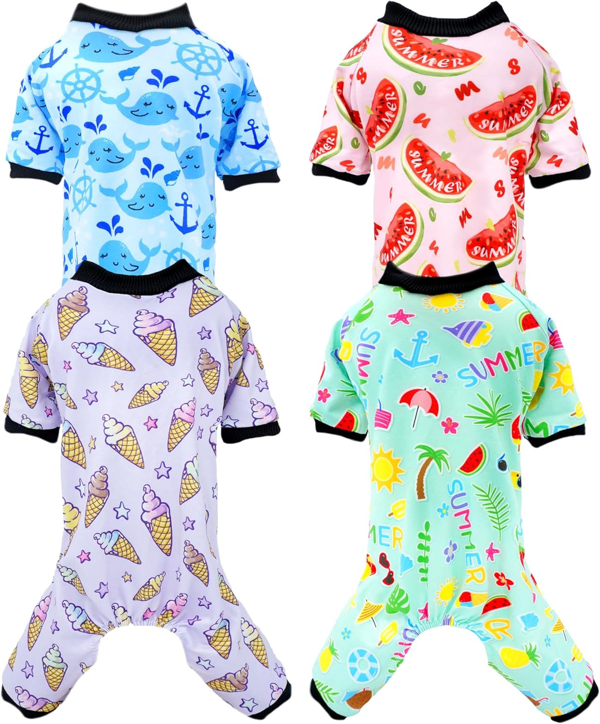 PET SHOW 4 Pack Dog Pajamas for Medium Large Dogs Girl Boy Watermelon Soft Stretchy PJs Whale Ice Cream Jumpsuit Dog Floral Onesies Outfits with Sleeve Pets Breathable Summer Clothes Costume XXL
