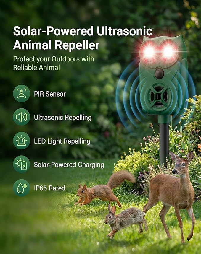 Solar Ultrasonic Animal Repeller with Motion Sensor, Deer Repellent Devices with LED Light, Waterproof Cat Repellent Outdoor, Dog Deterrent for Yard Garden to Repel Raccoon, Squirrel, Fox (2, Green)