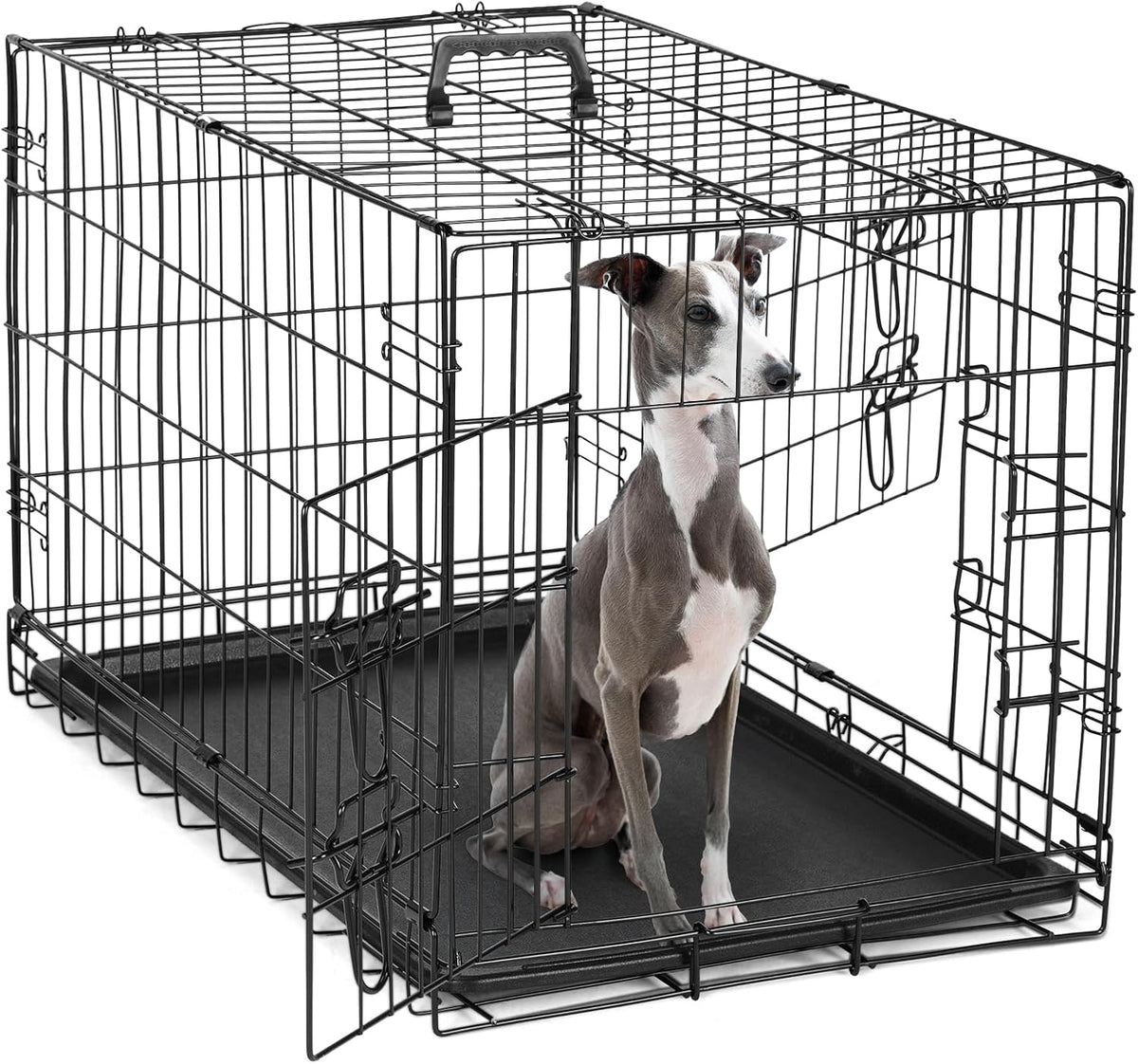 DUMOS Dog Crate, 36 Inch Medium Double Door Dog Cage with Divider Panel and Plastic Leak-Proof Pan Tray, Folding Metal Wire Pet Kennel for Indoor, Outdoor, Travel