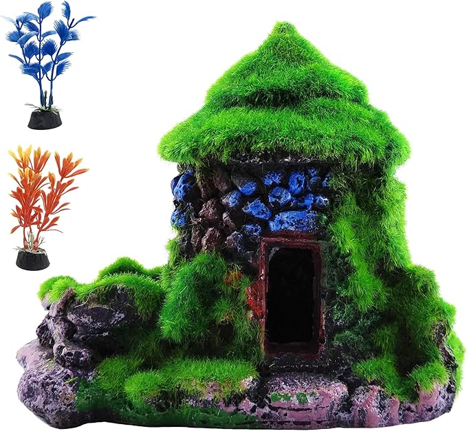 M2cbridge Aquarium Decorations Fish Hideout House Betta Cave with Green Lifelike Moss (Style 1)