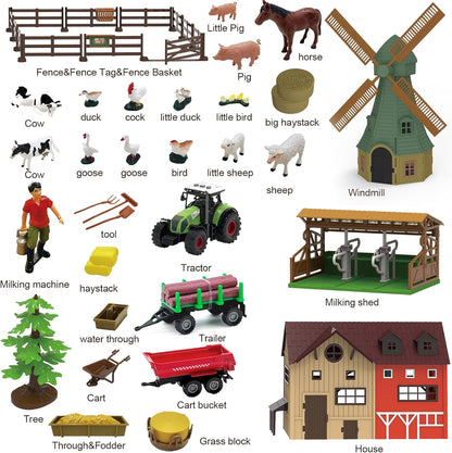 136PCS Farm Animals Toys Set Comes with Barn, Tractor Trailer, Milking shed, Windmill, Farmer, Fence - Playset for Kids Toddlers Boys Girls 5+ Years Old