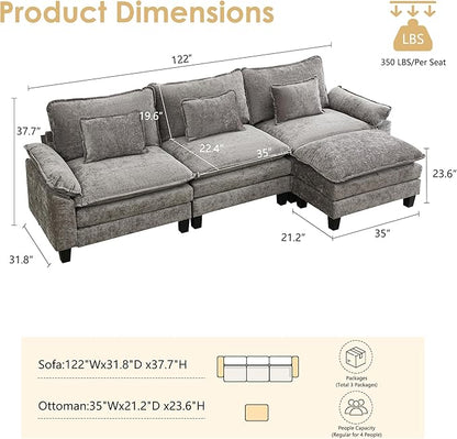 URRED Cloud Couch Modular Sectional Sofa, 122'' Modern L Shaped Deep Seat Sofa with Ottoman & Pillows, Ultra Comfy Chenille Couches for Living Room, Bedroom or Apartment, Gray