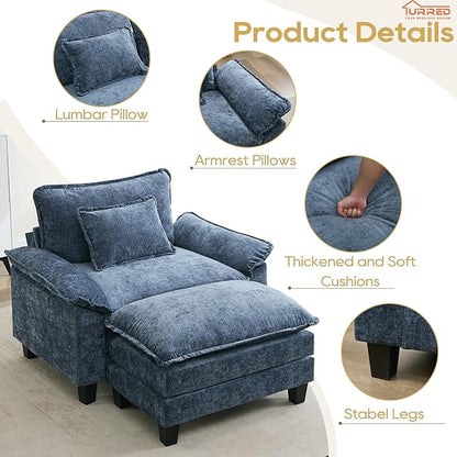 URRED Modular Sectional Sofa Comfy Cloud Couch, Modern Chenille Sofa Sleeper Deep Seat Couches with Ottoman/Pillows for Living Room (Blue, 53''- Ottoman)