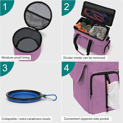 Modoker Dog Food Tote Bag, Airline Approved Pet Gear Travel Set Portable Diaper Accessories Organizer with 2 Food Storage Containers, 2 Collapsible Bowls, 1 Feeding Mat (Pink)