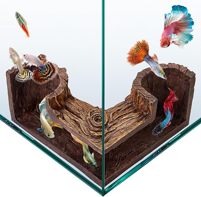 FISHNOSH Aquarium Cave | Natural-Looking Wood-Like BPA-Free Fish Tank Cave for Corners | 5.1” x 2” x 2.7” Fish Hideout for Aquarium | Guppy, Neon Tetra, Corydoras Catfish, Betta Hide | Tank Decor