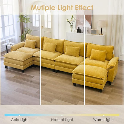 URRED Cloud Couch Modular Sectional Sofa, 157" Modern U Shaped Deep Seat Sofa with 2 Ottomans & Pillows, Ultra Comfy Chenille Couches for Living Room, Bedroom or Apartment, Yellow