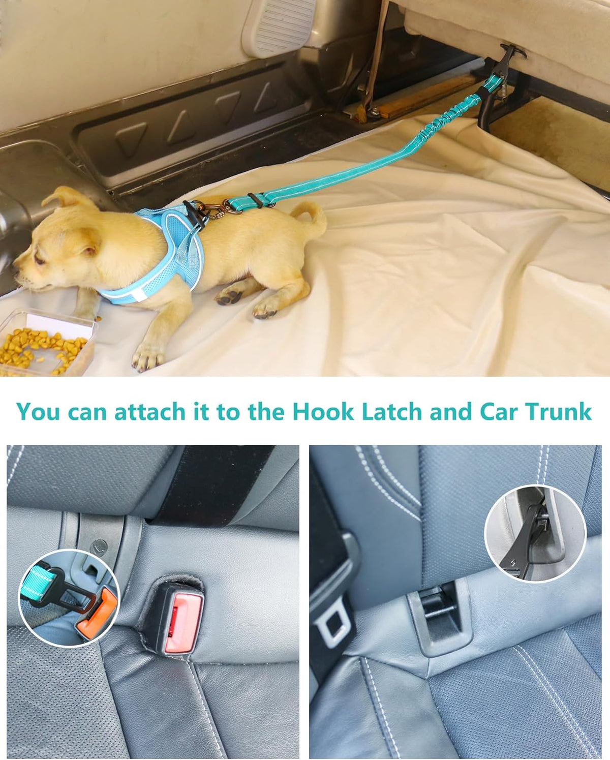AUBELL Dog Seat Belt for Car,2 Pack Set 3-in-1 Adjustable Reflective Bungee Heavy Duty Dog Car Harness Tether with Clip Hook Latch & Buckle,Swivel Zinc Alloy Carabiner,Black+Teal
