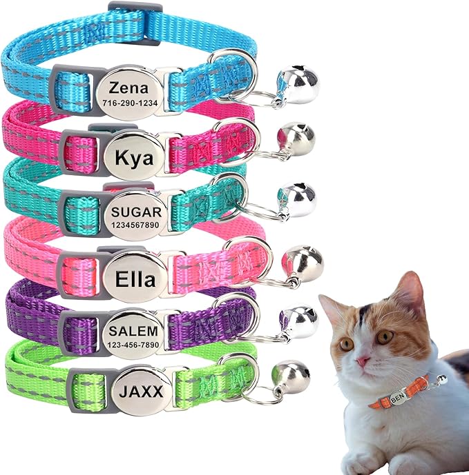 Personalized Engraved Cat Collar|Breakaway Safety Round Buckle|Reflective Adjustable Collar with ID Name Tag & Bell for Kittens & Puppies Cats,Red (7.5'' - 12'')