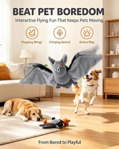 Flying Bat Dog Toy, Interactive Flying Bat Toy for Dogs with Flapping Wings, Chirping Sounds, USB Rechargeable, Touch Activated, Hanging or Floor Toy for Dogs, Puppies and Cats to Reduce Boredom，1PCS