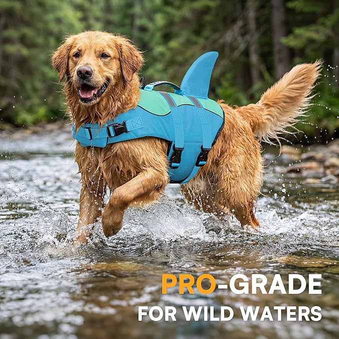 Shark Dog Life Jacket, Dog Life Vests for Boating, High Buoyant Pet Life Vest for Swimming, Adjustable Easy On Pet Life Jackets for Small, Medium, Large Dogs (Pool Blue,M)