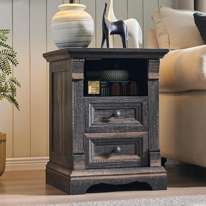 Farmhouse Nightstand with Charging Station, 18" End Table with 2 Drawers Storage and 1 Storage Shelf, Wooden Sofa Side Table w/Roman Column, Bedside Cabinet for Bedroom, Living Room, Dark Rustic Oak