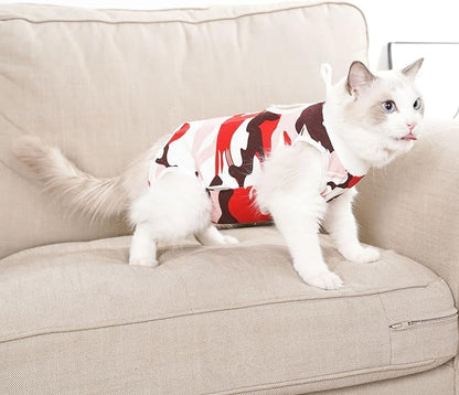 Cat Surgical Recovery Suit, Abdominal Wounds Cone E-Collar Alternative Anti-Licking Or Skin Diseases Pet Surgical Recovery Pajama Suit, Soft Fabric Onesies for Cats (L, Red)