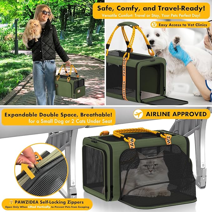 PAWZIDEA Expandable Pet Carrier with Wheels, 18"X11"X11" TSA Airline Approved Cat Carrier for 2 Cats Under Seat, Foldable Soft-Sided Dog Carrier for Small Dogs Rolling Travel Bag, Max Weight 18 lbs