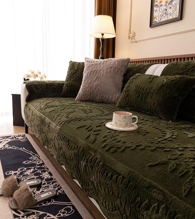 Green Fuzzy Rabbit Plush Sofa Cover Cozy Warm Sofa Couch Covers with 3D Jacquard Leaf Pattern Non-Slip Easy-to-Install Shaggy Sofa Slipcover Prefect for Kids Dogs Cats Cats(Green,36"x82")