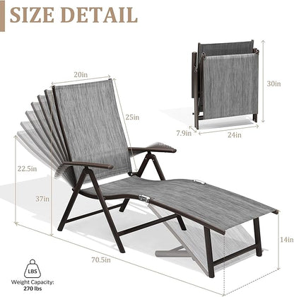 VredHom 4PCS Patio Chaise Lounge Outdoor Folding Adjustable Lounge Chair Recliner with 8 Adjustable Backrest Positions for Pool Beach Yard, Dark Gray Textliene and Brown Aluminum Frame
