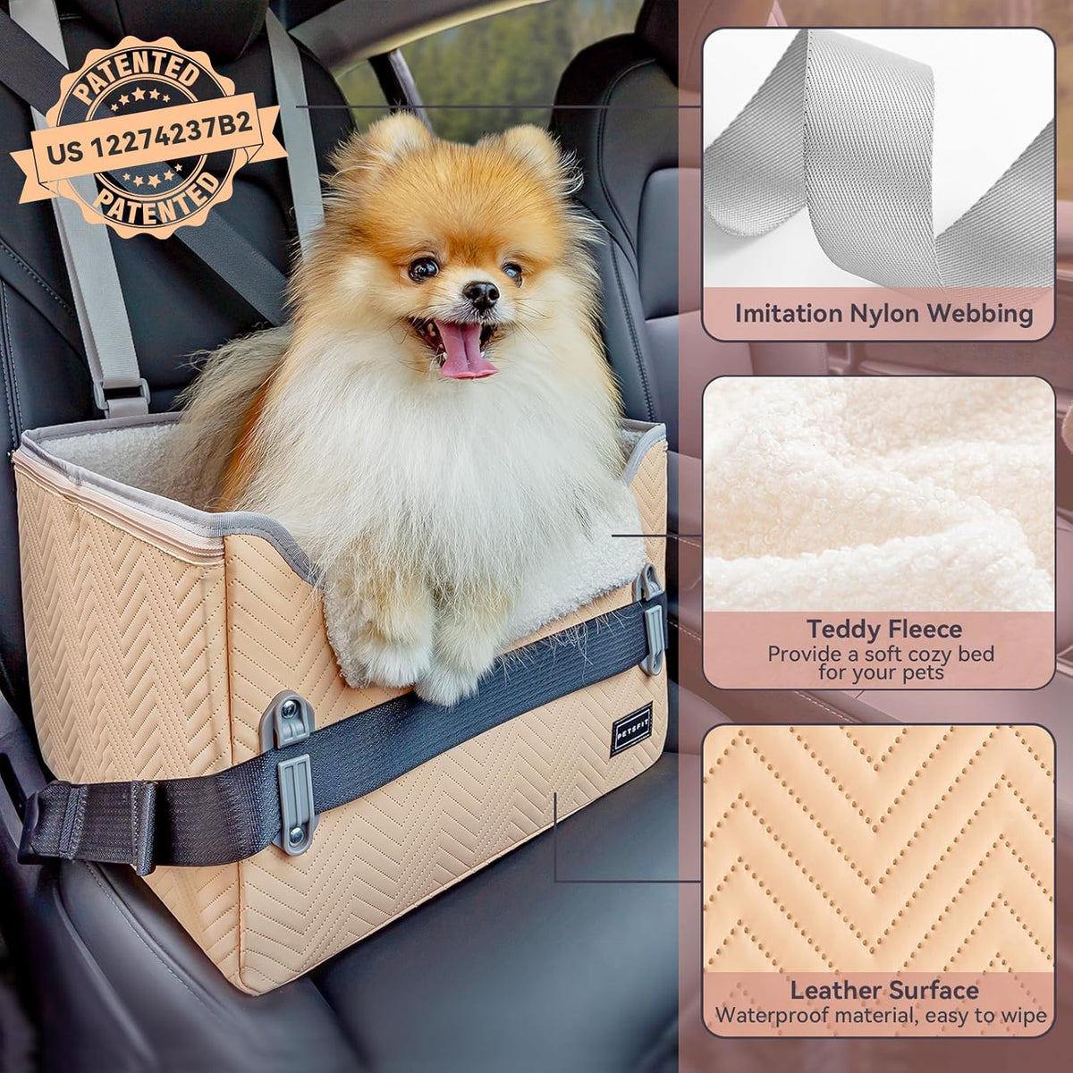 PETSFIT Cat Car Seat, Waterproof PU Leather Dog Booster Car Seat with Patent Safe Buckles, Clip-On Leash, Pet Travel Carrier Bed for Small Pets Up to 25lbs (Orange)