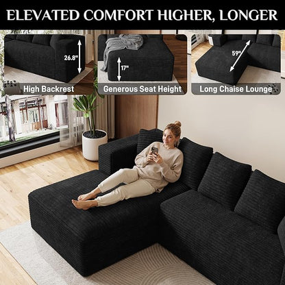 Modular Sectional Sofa, 107" L Shaped Cloud Couch Plush Corduroy Deep Seat Boneless Sofas with 5 Pillows Long Chaise Lounge Couches Memory Foam for Living Room - Black, Left Facing Chaise