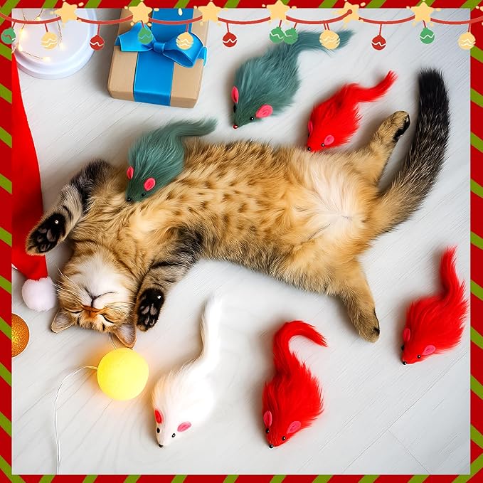 Hungdao 60 Pcs Furry Mice Interactive Catch Play Rabbit Fur Mouse Cat Toy Rattle Sound Rat Plush for PET Cats and Kittens, 3 Colors (White, Green, Red)