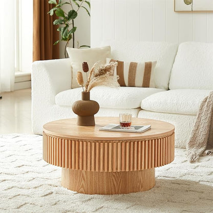 SZTHHDF Round Coffee Table for Living Room,Fluted Drum Accent Tea Center Table with Storage,Circle Modern Coffee Tables for Small Space Office Apartment (31.5" L×31.5''W×14''H-Natural)