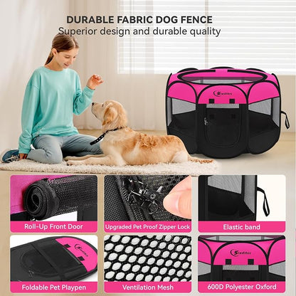 Siedihit Dog Cat Playpen, Large Puppy Pet Playpen, Dog Crate Tent Cage | Indoor/Outdoor, Portable Pop Up Dogs Kennel Playpen with Carrying Case for Dogs/Cats/Rabbits, Hot Pink