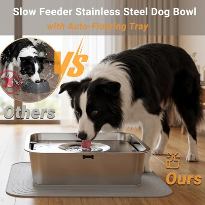 12L/3.17Gal No Spill Dog Water Bowl, Non-Slip Mat for Large Dogs | Spill Proof Water Bowl with 304 Stainless Steel Floating Disk, Slow Drinking Pet Bowl for Messy Drinkers, Indoor/Outdoor