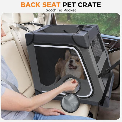 Snagle Paw Dog Car Crate for Back Seat, Portable, Medium, Gray | 3-point seat securement, breathable mesh, feeding windows, folds flat, for road trips, camping and vet visits
