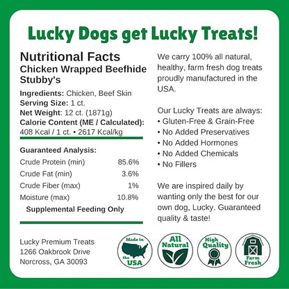 Lucky Premium Treats Chicken Wrapped Dog Treats – USA Made Raw Hide Sticks for Extra Large Size Dogs – Long Lasting, Preservative Free Dog Treats – 12 Chews