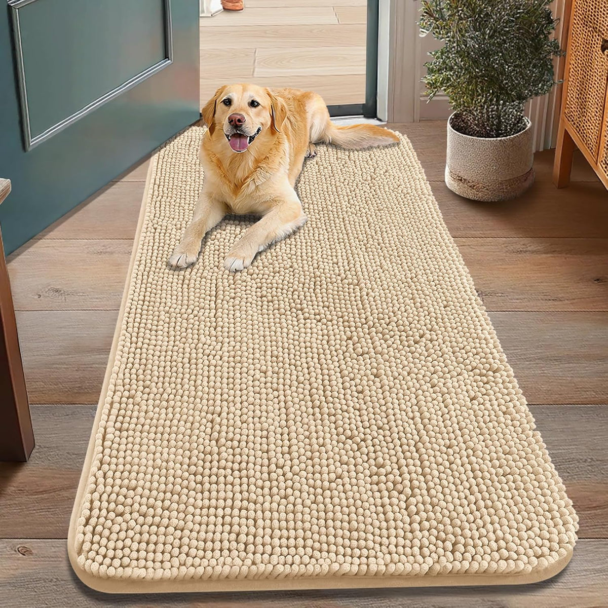 Smiry Dog Door Mat for Muddy Paws 48x30, Absorbs Moisture and Dirt Doormat, Non-Slip Washable Quick Dry Chenille Front Door Mat Indoor Entrance, Entryway Carpet for Inside Floor, Beige
