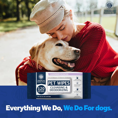 AKC Pet Wipes for Dogs & Cats – Hypoallergenic, Alcohol-Free Wipes for Paws, Face, Ears & Coat – Thick, Gentle Cleaning with Natural Aloe – Available in Lavender, Fresh & Oatmeal Scents