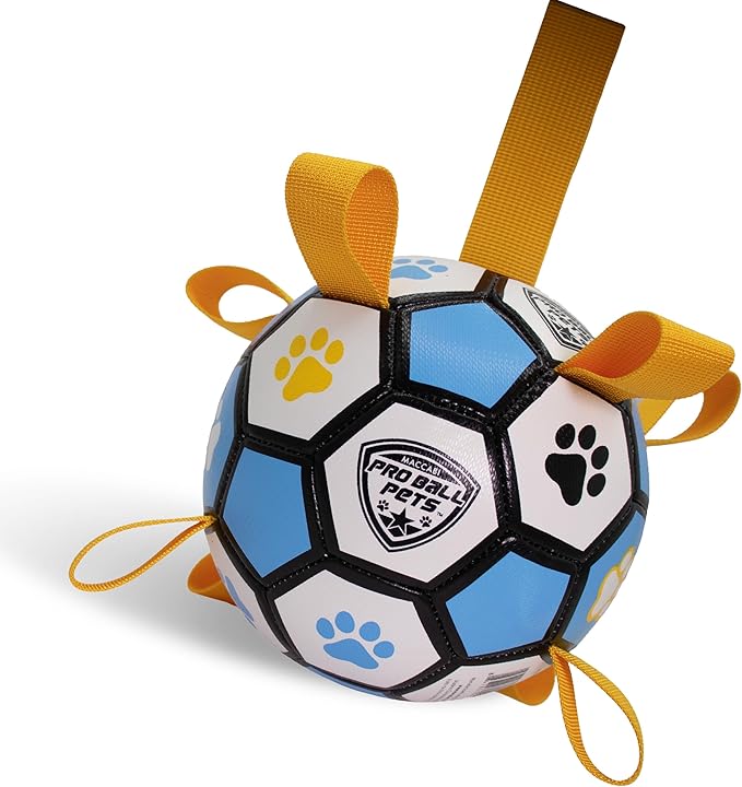 ProBall Pets Interactive Dog Soccer Ball with Grab Tabs - Floats on Water, Fetch & Training Toy for Small Medium Dogs, Herding Breeds - Waterproof Non-Toxic - 6" Blue Yellow
