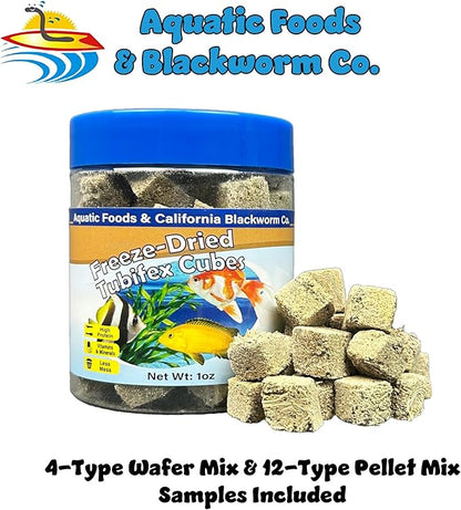 Aquatic Foods Inc. Tubifex Worms, Freeze Dried Tubifex Worm Cubes for Cichlids, Discus, Bettas, Marine Fish, Goldfish, All Tropical Fish, 4-Type Wafer Mix & 12-Type Pellet Mix Included..1oz Canister