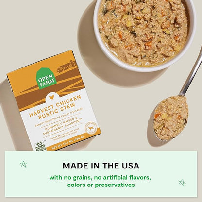 Open Farm Rustic Stews Wet Dog Food, Grain-Free, Complete & Balanced with Human-Grade Ingredients, Humanely-Raised Meat & Bone Broth, Harvest Chicken Recipe, 12.5oz Packs (Case of 12)