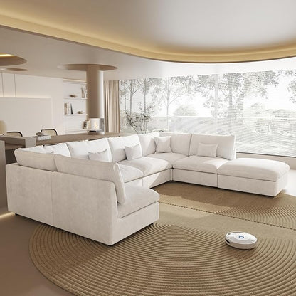 154" Modular Sectional Sofa Cloud Couch,Oversized Linen V-Shaped Sectional Sofa with Deep Seat, U-Shape 6-Seater Couch with Ottoman for Living Room in White