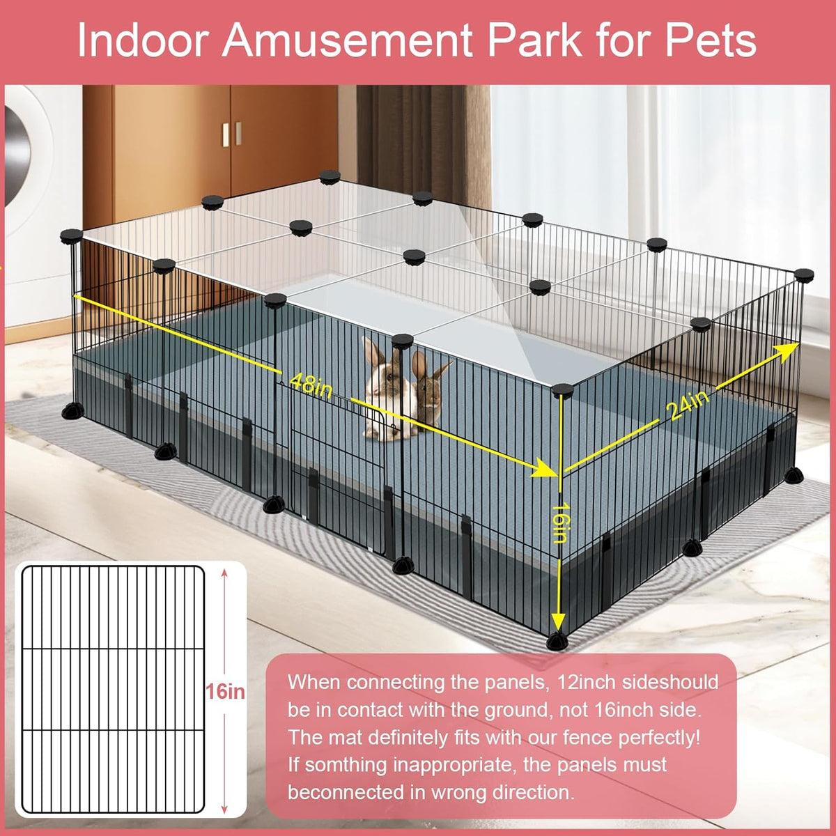20 Panels Small Animal Playpen, 48" x 24" x 16" Pet Playpen with Waterproof Mat, C&C Cage for Guinea Pigs, Rabbit/Bunny/Baby Chicken Cage,Bunny/Puppy/Chicken Pen Indoor Outdoor Portable Metal Fence