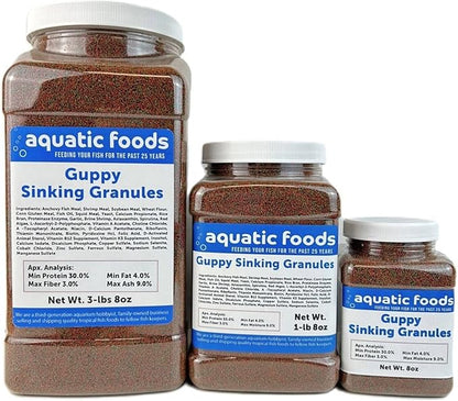 Aquatic Foods Inc. Guppy Micro Sinking Granules, Color Enhancing and Spirulina Mix for Guppies, Tetras, All Live Bearers, Baby Cichlids...WL 3-lbs 8oz Lg Jar