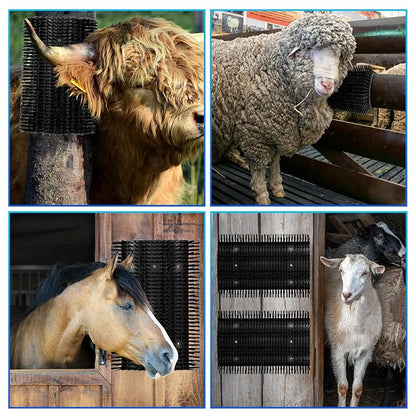 Extra Large Size Livestock Scratching Brush, Upgraded Horse/Goat/Cow/Cattle Scratcher Brush for Grooming, Itch Relief Horse Scratcher Brushes Kit with Two Sets of Mounting Screws(4-Pack,Black)