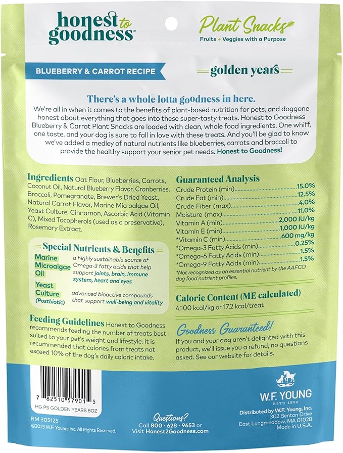 Honest to Goodness Plant Snacks Golden Years Blueberry & Carrot Recipe Dog Treats, 8 oz Bag, Plant-Based Dog Treats