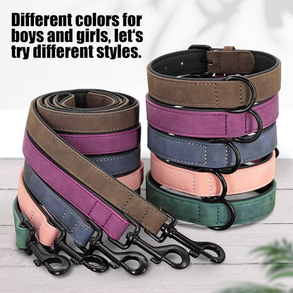 Didog Soft Padded Leather Dog Collar and Leash Set, Adjustable Dog Lead and Collar Set with Metal Buckle, Breathable Pet Collars with 4FT PU Leather Leash for Small Medium Dogs, Green, M