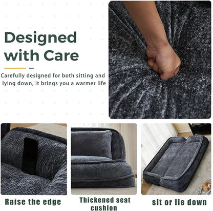 Foldable Lazy Sofa Bed, Double Human Dog Bed for Adults, Dark Gray | Skin-friendly Breathable Soft Chenille Upholstered, 5 Adjustable Backrest Positions, 3 Soft Cushions for Living Room