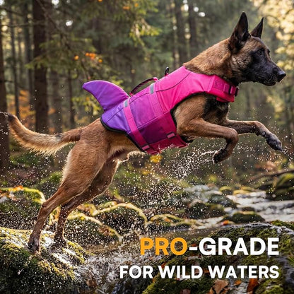 Dog Life Jacket High Flotation, Reflective Dog Life Vest for Swimming, Adjustable Dogs Life Preserver Rescue Handle Spring Summer Pool for Small, Medium, Large Dogs (Pink Purple,XL)