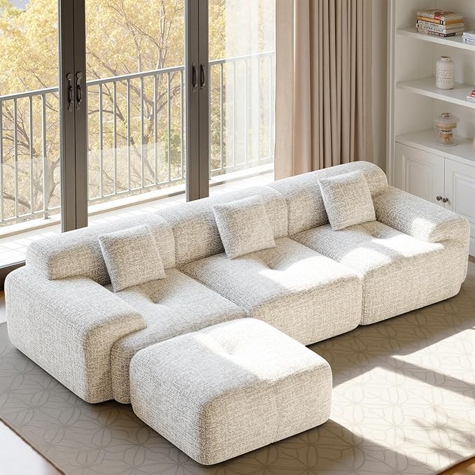 122" L Shaped Convertible Modular Couch, Cloud Couch Sectional with Ottoman, 4-Seater Chenille Boneless Couches for Living Room, Apartment, No Assembly, Beige 1PCS