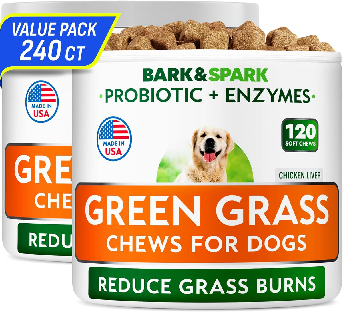 BARK&SPARK Green Grass Chews - Pee Grass Spot Saver Caused by Dog Urine - Urine Neutralizer for Lawn, Gut Health Probiotics & Digestive Enzymes,Lawn Burn from Dog Urine, Grass Burn Spot Chews (240Ct)