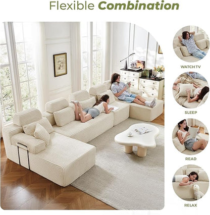 171" U-Shaped Cloud Modular Sectional Sofa with Chaise & Headrest, Boneless Deep Seat Plush Corduroy Couches for Large Living Room, No Assembly Required (White, 171" U-shapred Chaise)