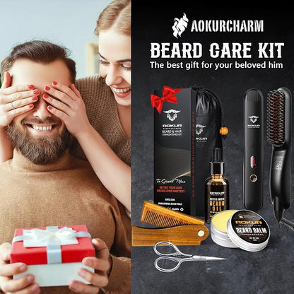 Beard Straightener for Men – 5-Temp Heated Brush with Anti-Scald Tech – Grooming Kit with Sandalwood Comb, Balm, Oil & Scissors – Gifts for Father’s Day, Anniversary & Birthdays