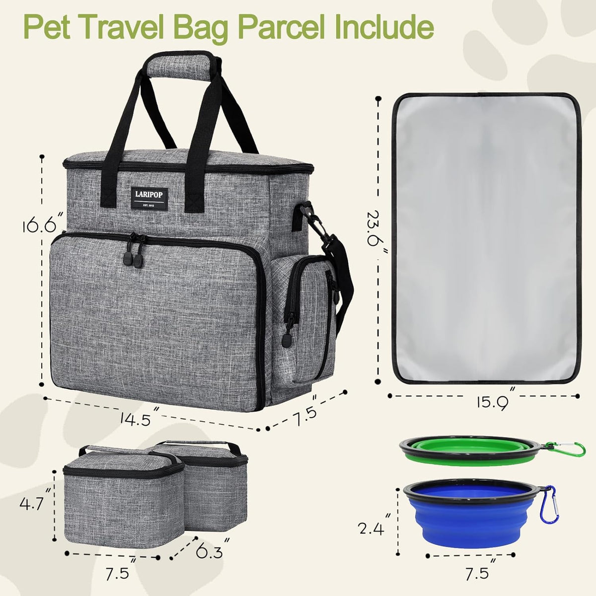 Dog Travel Bag,Weekend Pet Travel Bag Set for Dog and Cat,Airline Approved Tote Multi-Function Dog Bags for Traveling,Include 2 Collapsible Bowls,2 Food Storage Containers,1 Feeding Mat,Gray